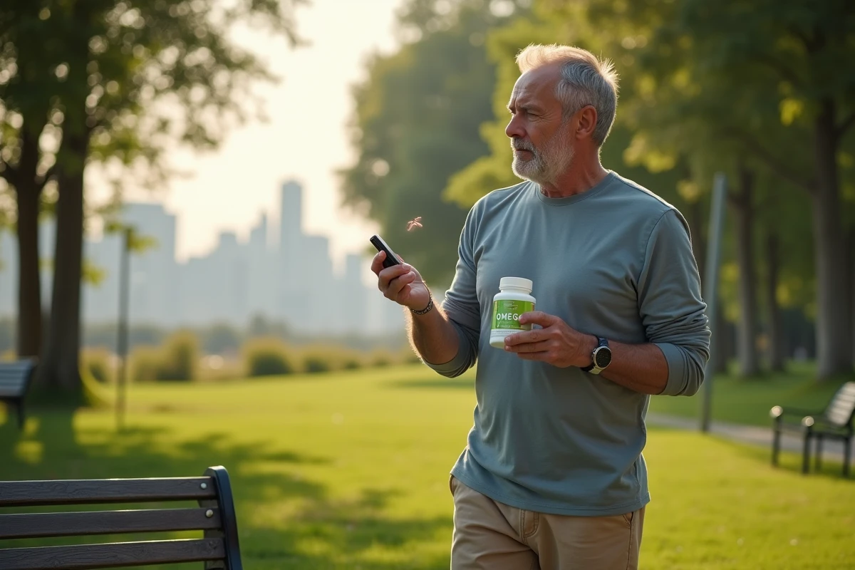 Homme lisant une bouteille de compléments omega dans un parc
