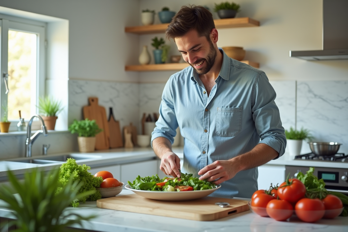 Homme en cuisine préparant une salade dans une cuisine lumineuse
