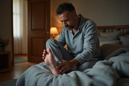 Homme en pyjama assis sur le lit pense &agrave; son pied