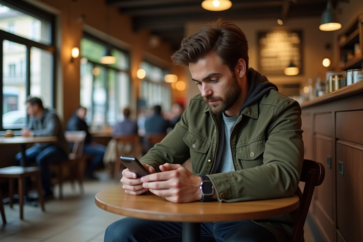 Jeune homme recherchant l'adresse d'une agence CPAM 92 sur son smartphone dans un café
