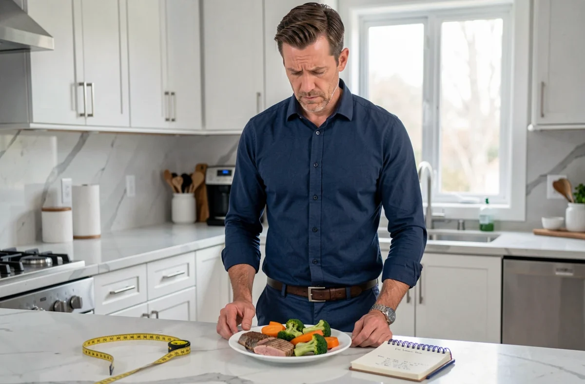 Homme suivant un régime alimentaire strict dans une cuisine moderne, entouré d'aliments sains, s'interrogeant sur les causes de sa perte de poids et de ses douleurs musculaires