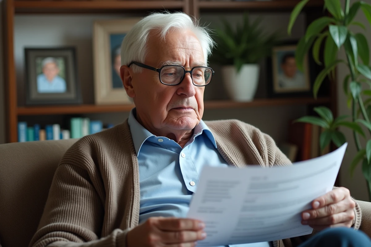 Homme âgé lisant un rapport médical dans son salon