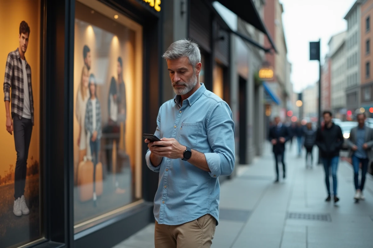 Homme regardant son smartphone dans une rue urbaine