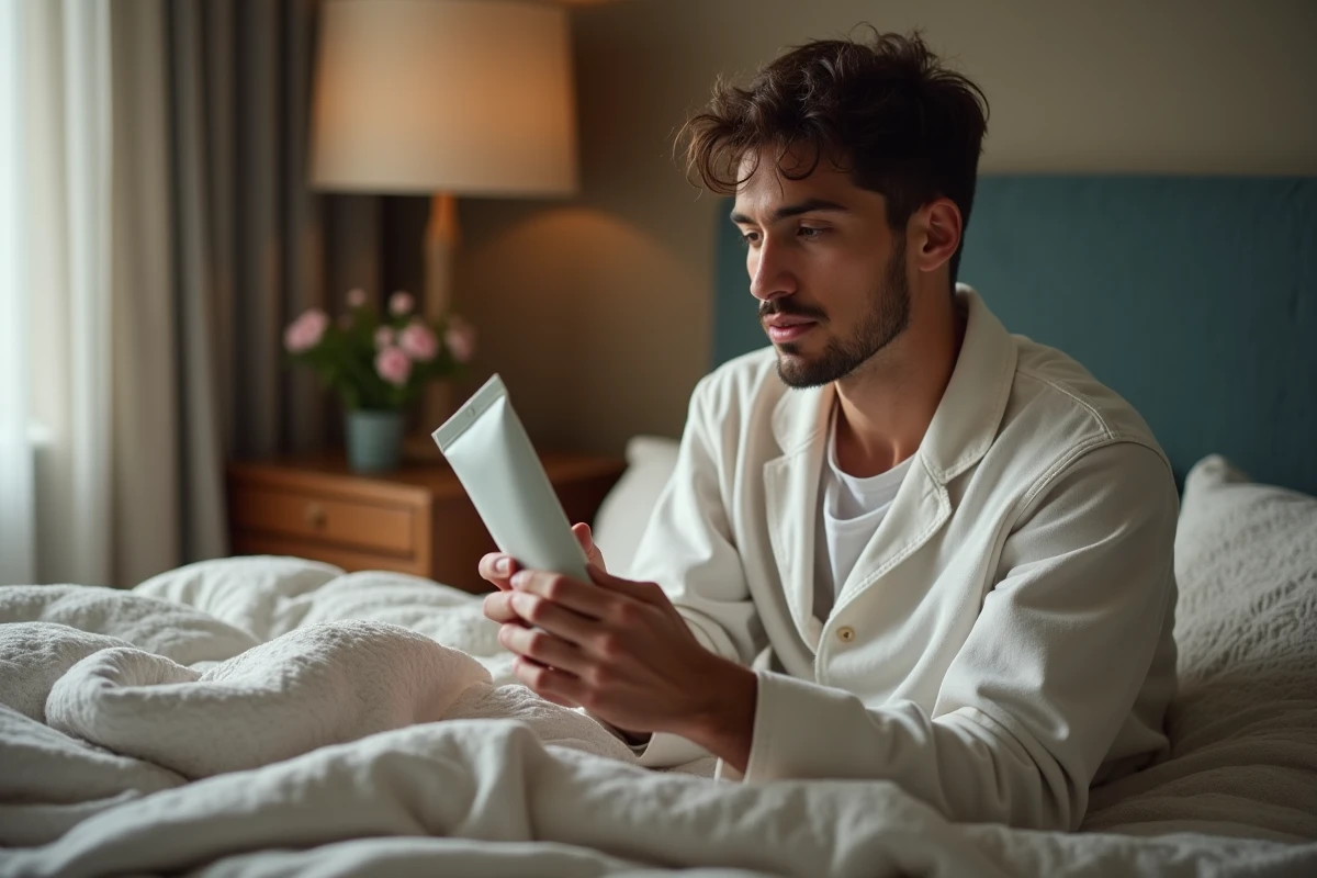 Jeune homme lisant une &eacute;tiquette de soin dans sa chambre