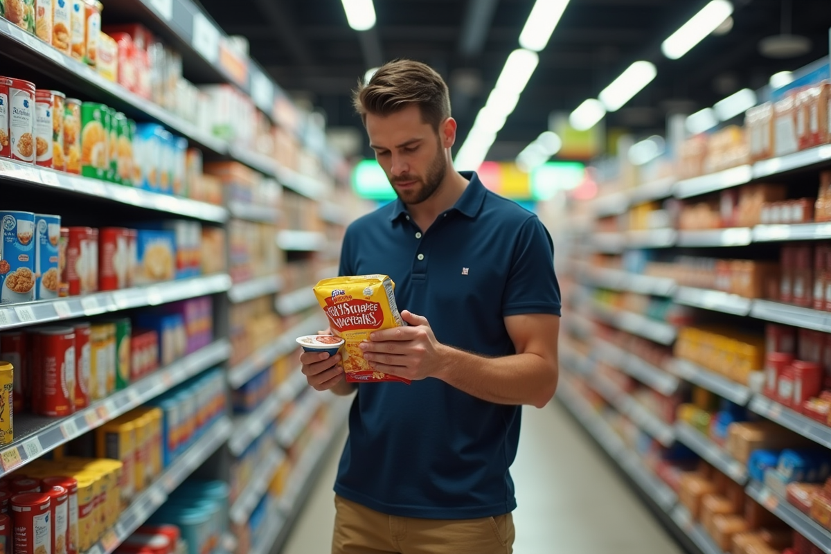 Homme faisant ses courses avec produits transformes en supermarche