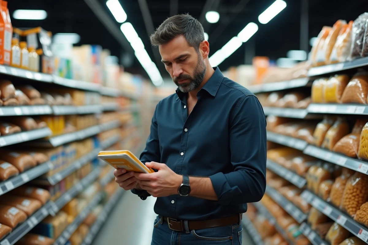 Homme lisant les étiquettes alimentaires dans un supermarché pour éviter le gluten et les aliments provoquant des flatulences sulfureuses