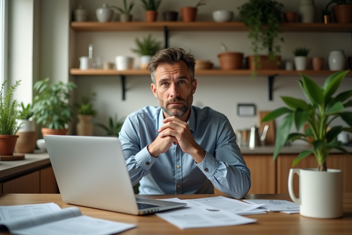Homme pensif au travail dans une cuisine lumineuse avec ordinateur