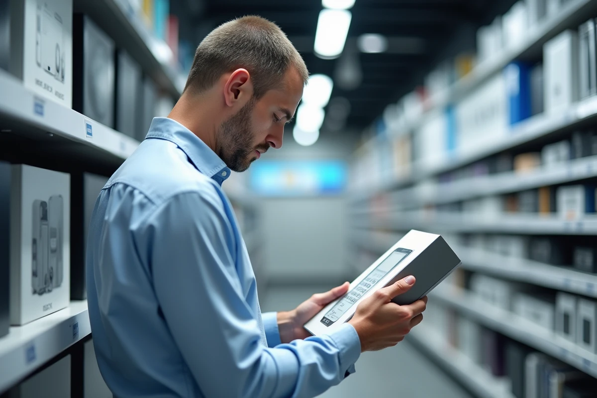 Homme inspectant un produit &eacute;lectronique en magasin moderne