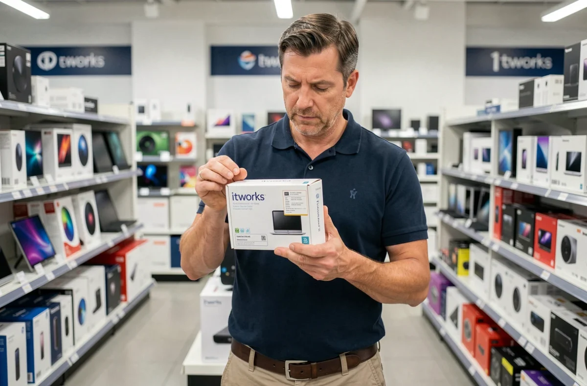 Homme examinant la garantie sur une boîte de produit Itworks dans un magasin d'électronique