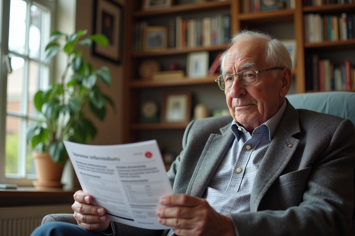 Homme âgé lisant une brochure de vaccination à la maison