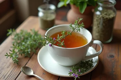 Tasse d'infusion de thym dorée avec des brins de thym frais posés sur le bord, sur une table en bois rustique dans une cuisine de campagne
