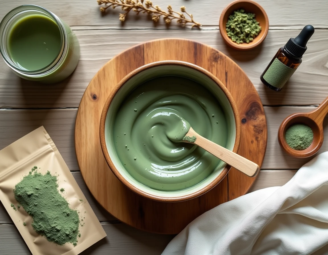 Vue de dessus d'un emplâtre d'argile verte maison avec argile en poudre, spatule en bois et herbes séchées sur une table en chêne
