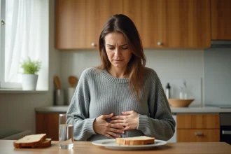 Femme souffrant d'intolérance au gluten assise dans sa cuisine avec une expression d'inconfort digestif après avoir mangé du pain