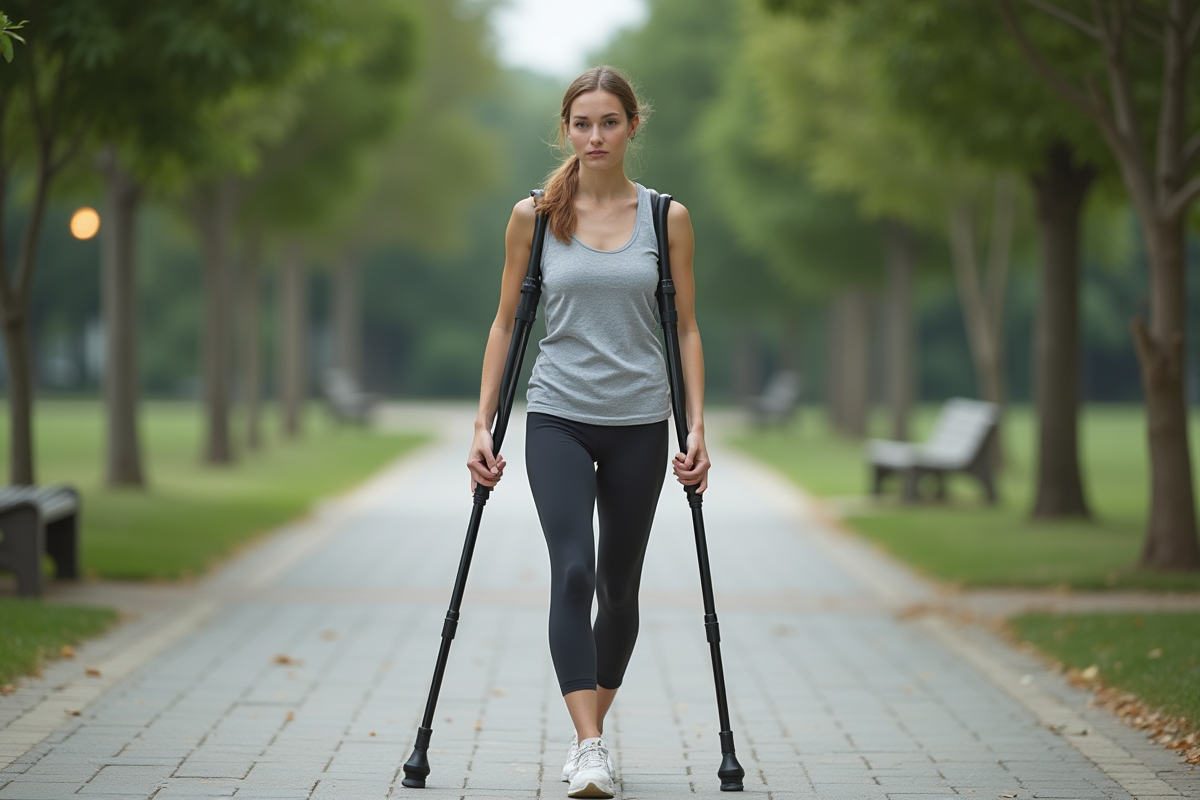 Jeune femme avec des cannes dans un parc en marchant