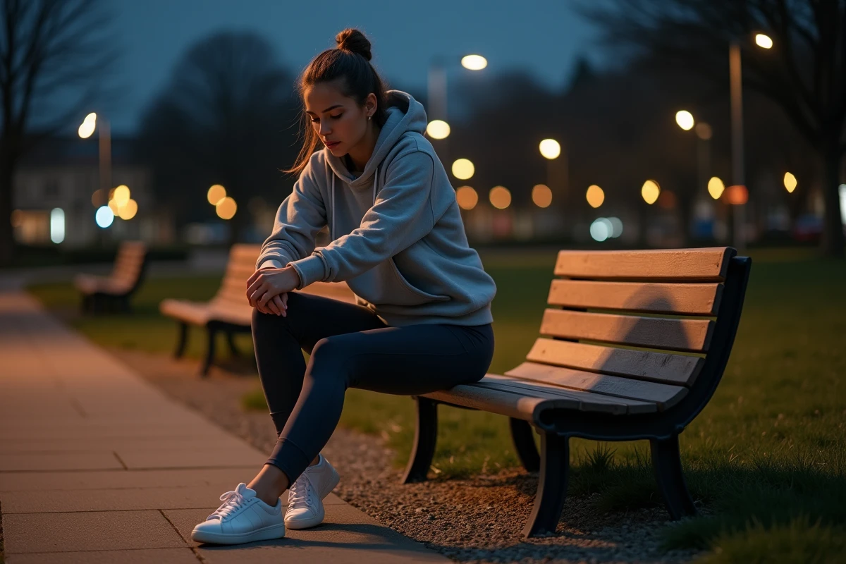 Jeune femme en sport masse son pied en extérieur la nuit