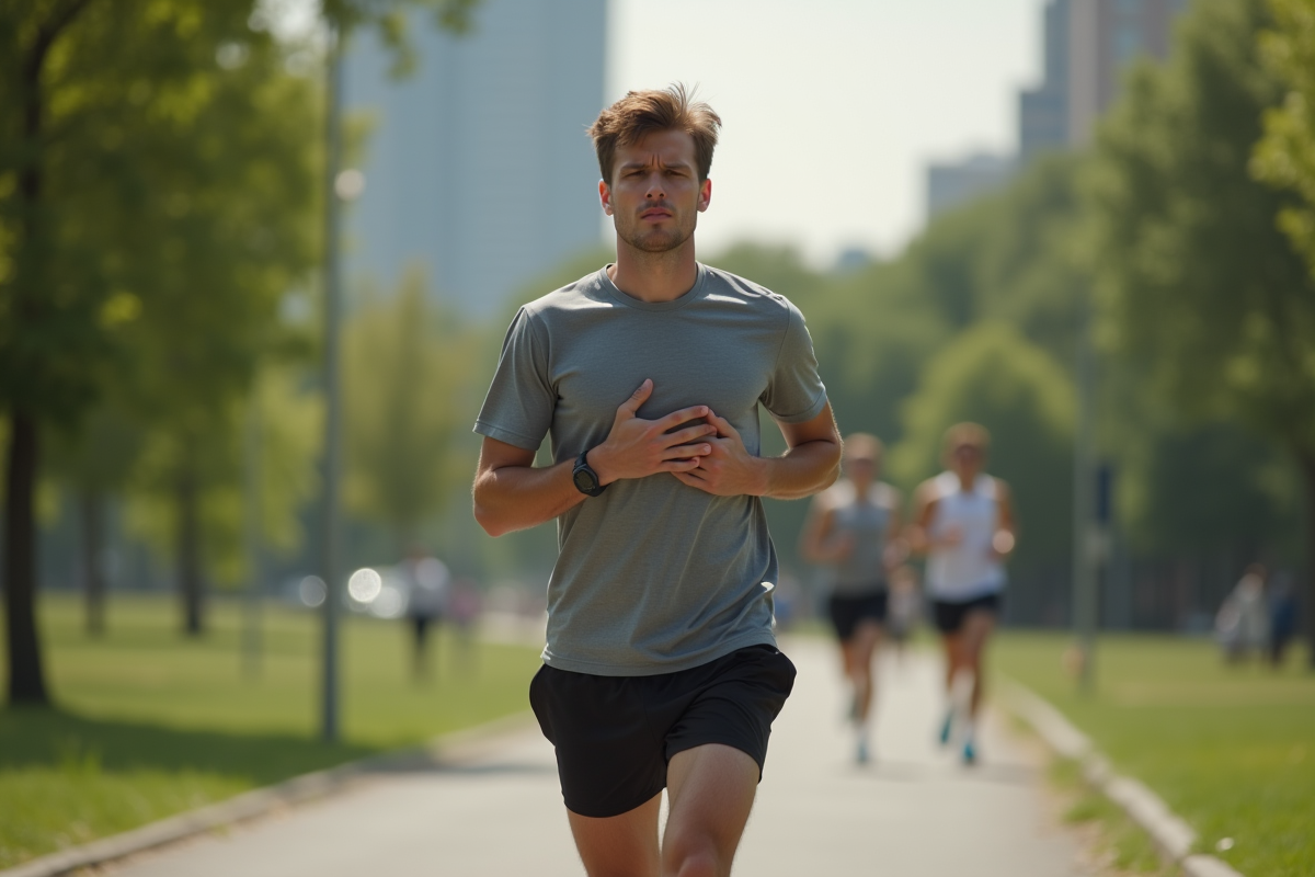 Jeune homme courant dans un parc urbain en s