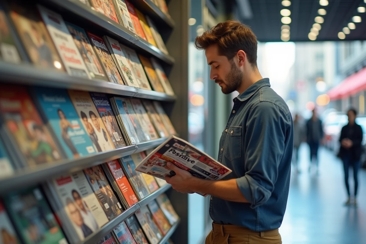 Jeune homme choisissant un magazine psychologie positive en ville