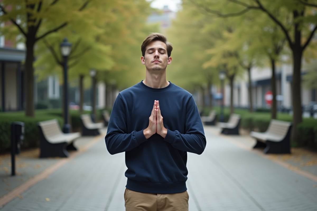 Jeune homme pratiquant la respiration consciente dans un parc urbain