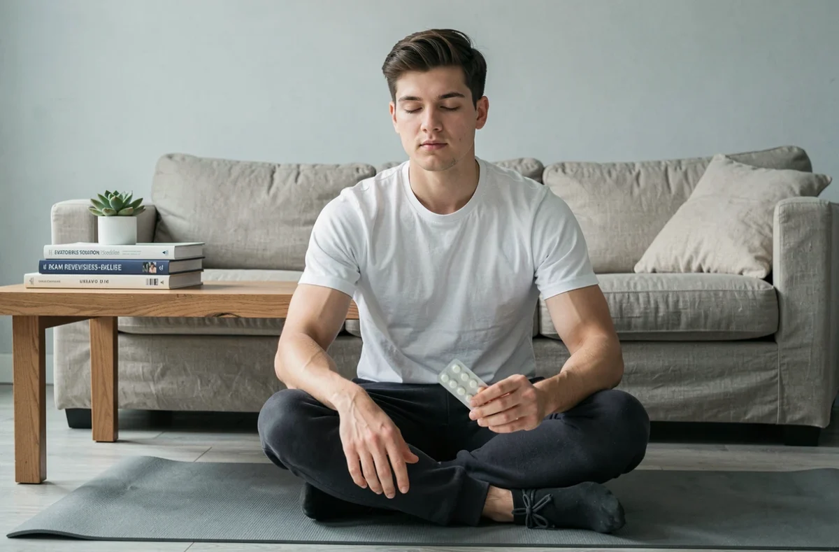 Jeune homme en pause méditation avec un pack de comprimés anti-stress naturels lors des examens