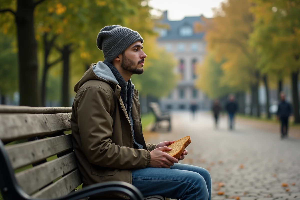 Jeune homme mangeant une tranche de pain dans un parc urbain