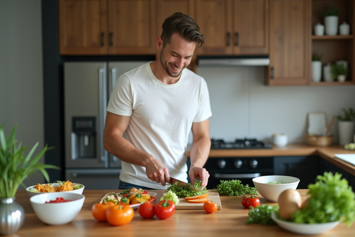 Jeune homme préparant une salade dans la cuisine