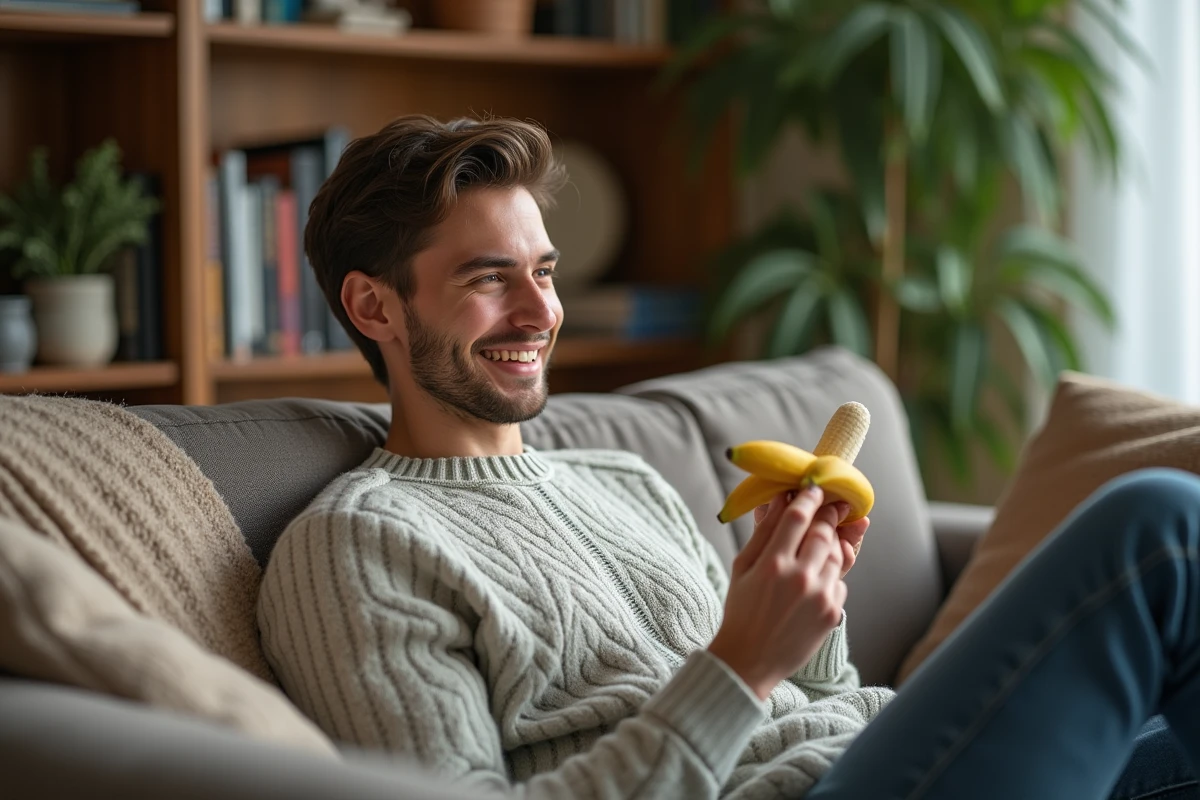 Jeune homme souriant avec une banane dans le salon