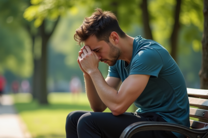 Jeune homme sportif assis sur un banc de parc en été