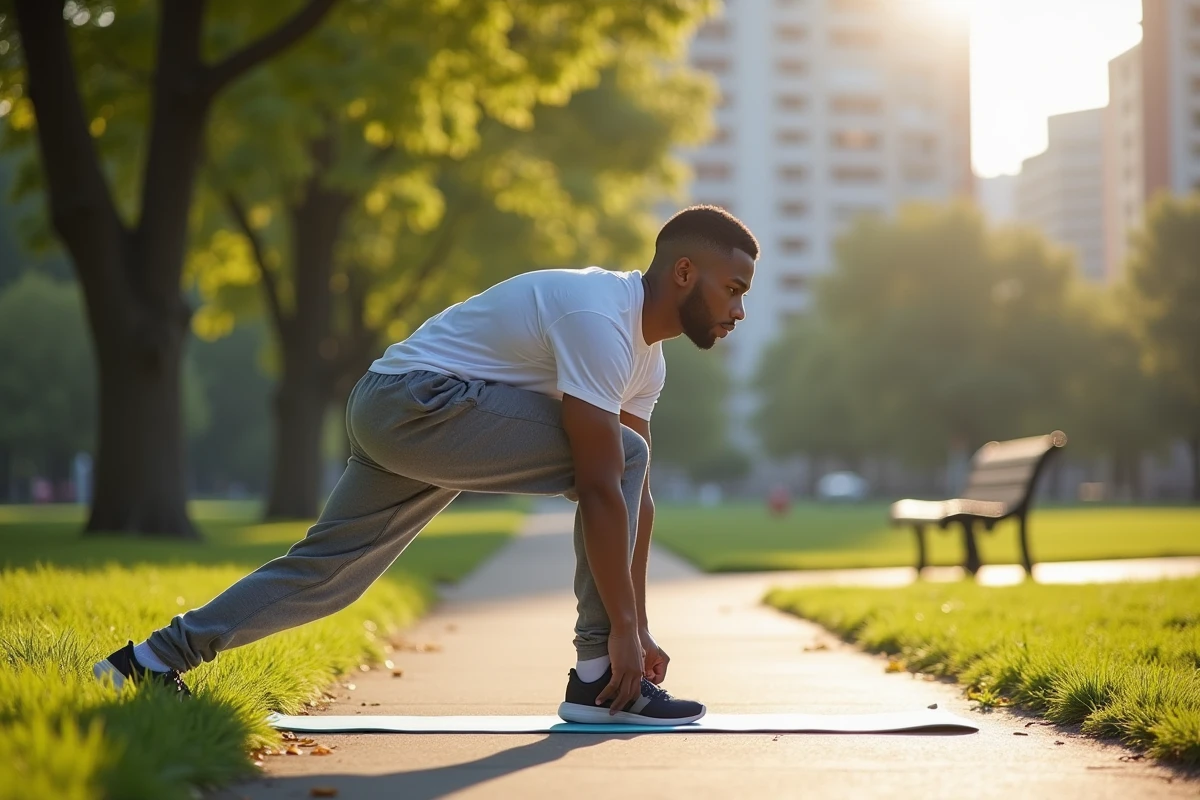 Jeune homme faisant du stretching dans un parc ensoleille