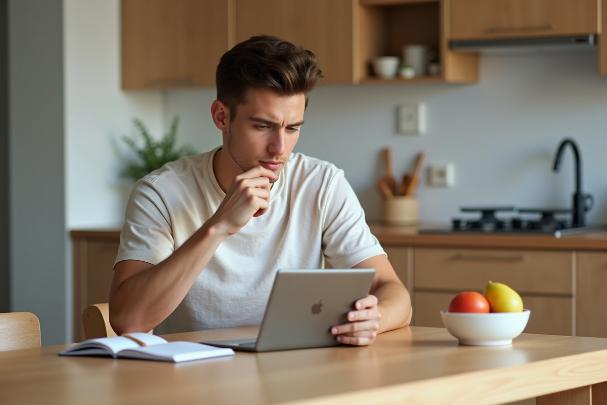 Jeune homme lisant des conseils sur la santé hormonale à la table