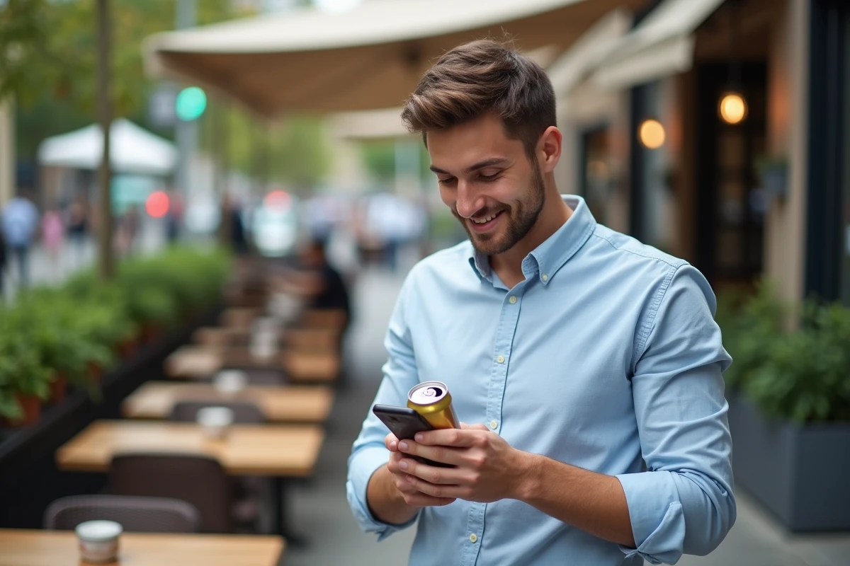 Jeune homme dehors sur une terrasse en consultant son smartphone