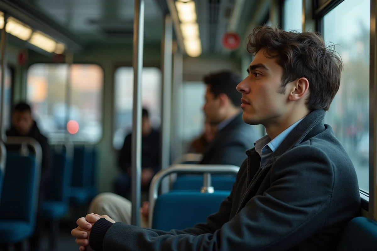 Jeune homme en tramway lors de sa commute matinale