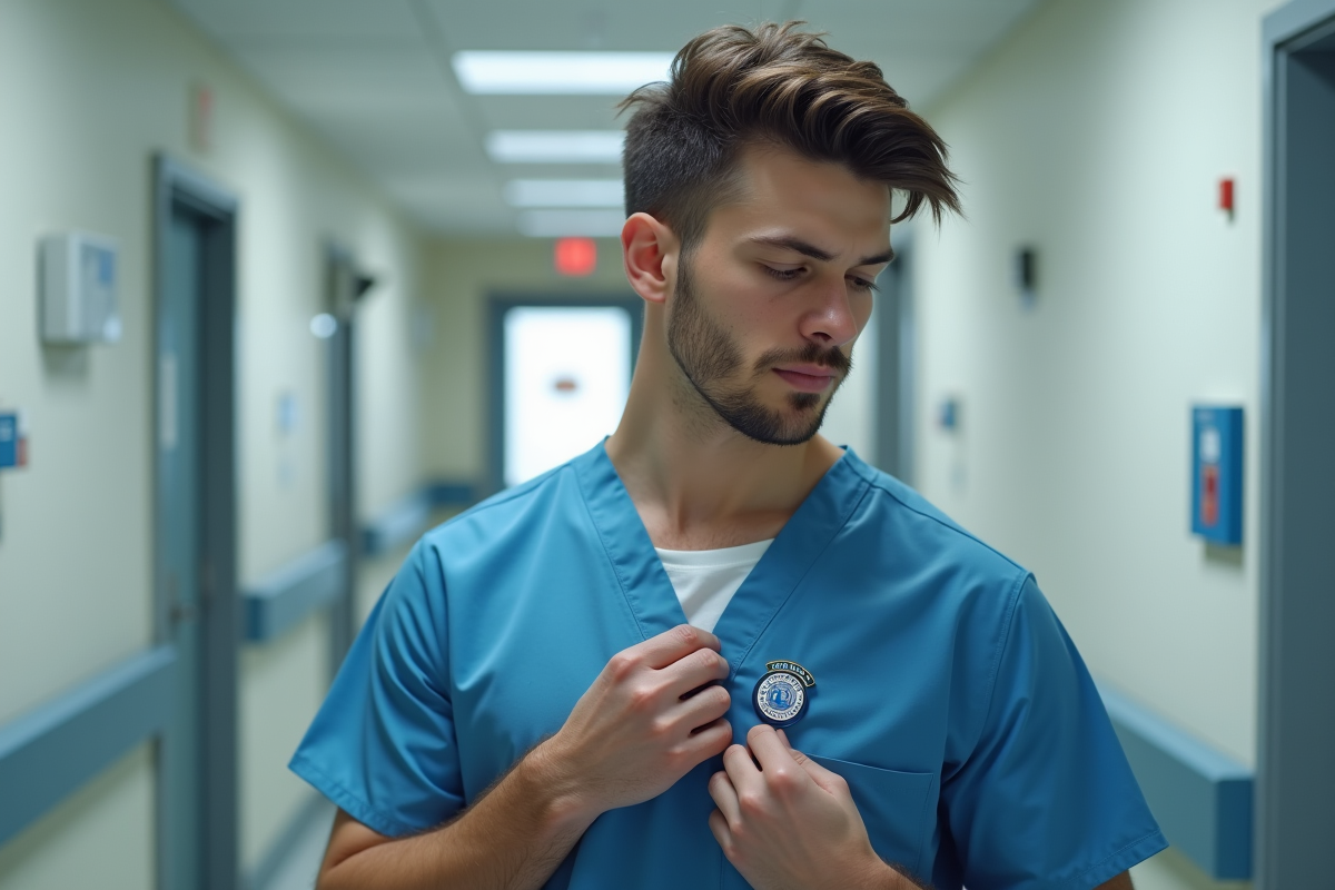 Jeune infirmier en blouse moderne pinçant un badge