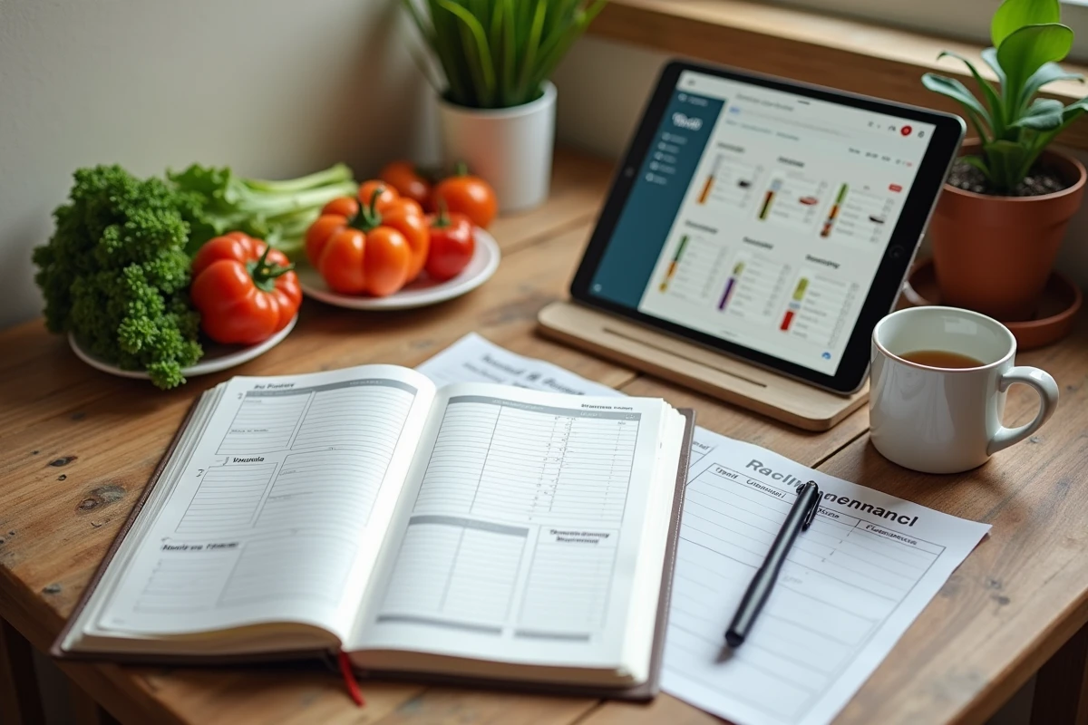 Journal de planification nutritionnelle ouvert avec des légumes frais et un plan de repas hebdomadaire imprimé sur une table en bois