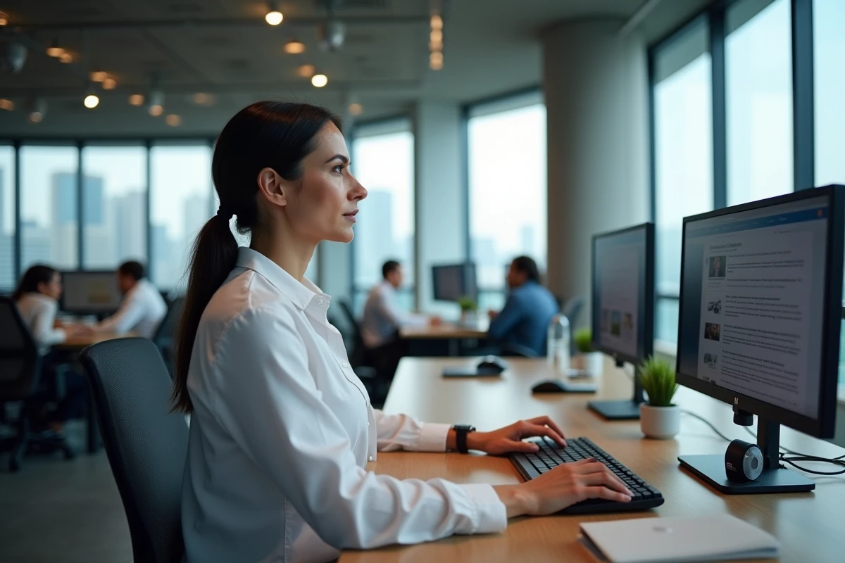 Journaliste femme travaillant dans une salle de rédaction moderne devant un ordinateur, représentant le travail de vérification des faits et d'analyse des sources sur les rumeurs de maladie d'une célébrité