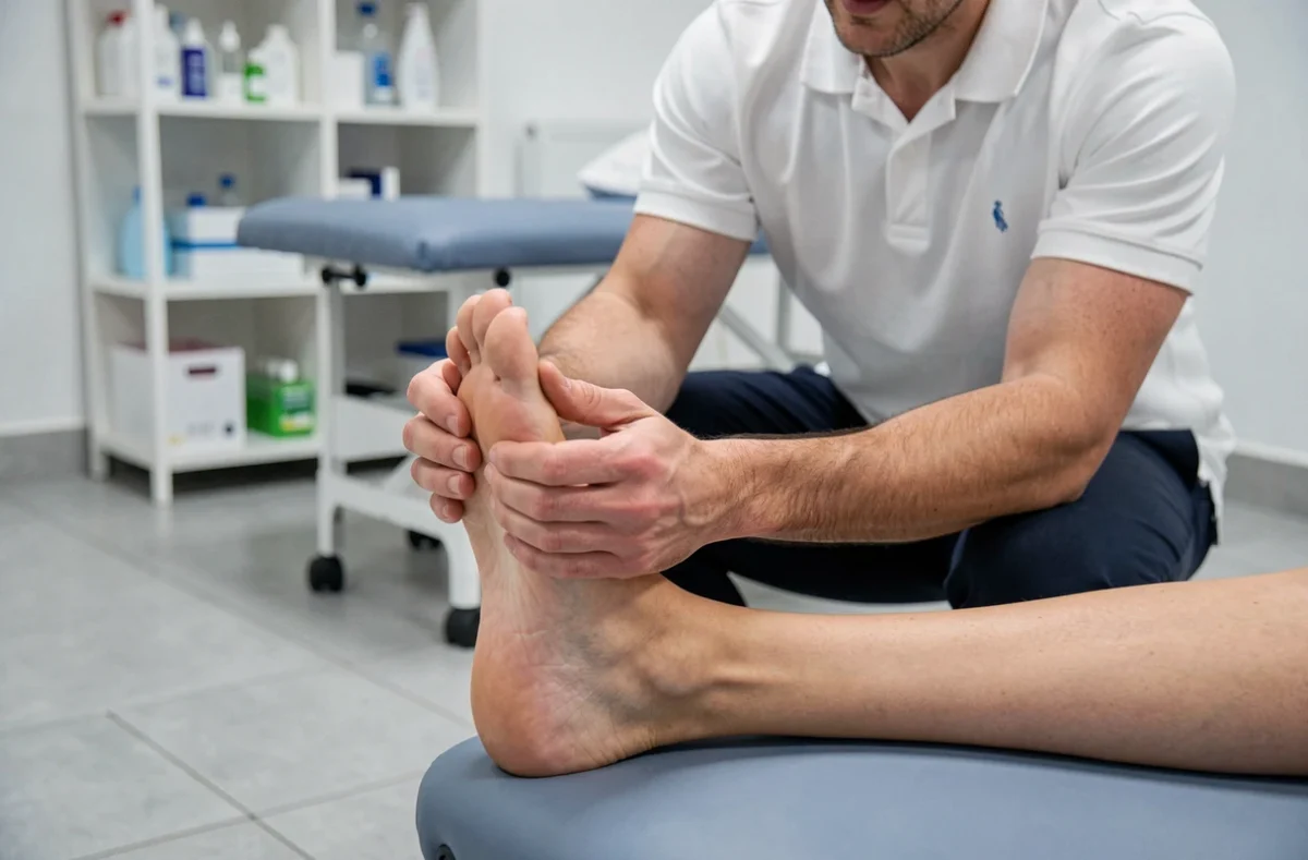 Kinésithérapeute réalisant un exercice d'étirement plantaire sur un patient souffrant d'épine calcanéenne en cabinet médical