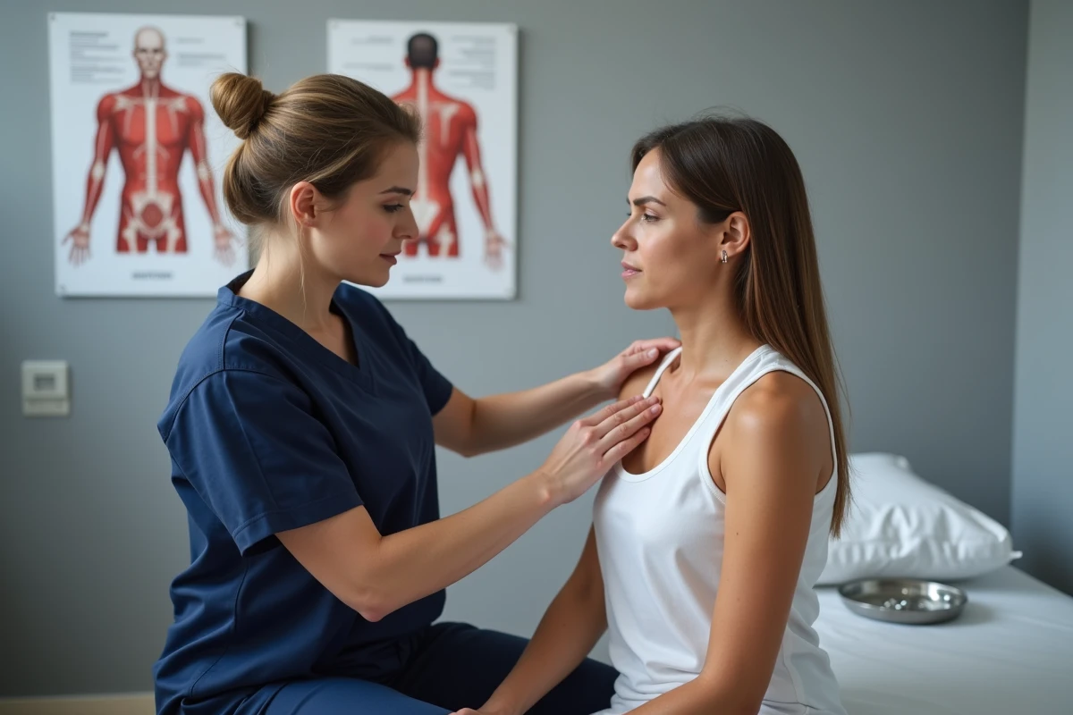 Kinésithérapeute examinant l'épaule d'une patiente lors d'un bilan clinique pour une fissure du tendon supra épineux