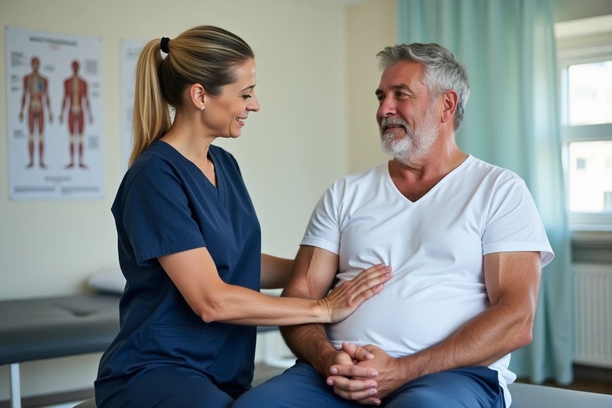 Kinésithérapeute effectuant un traitement manuel sur les côtes d'un patient pour soulager une douleur intercostale en cabinet médical