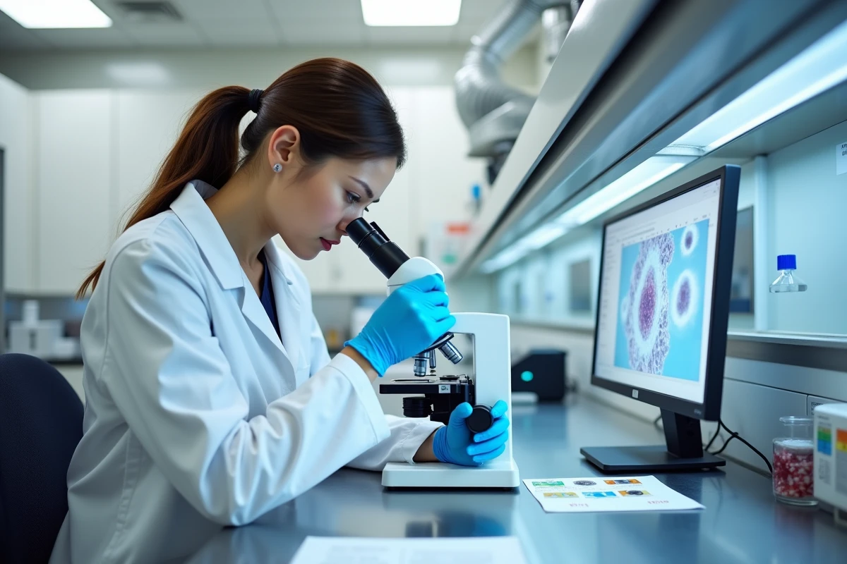 Technicienne de laboratoire analysant des lames de biopsie cervicale en anatomopathologie pour détecter des lésions de haut grade