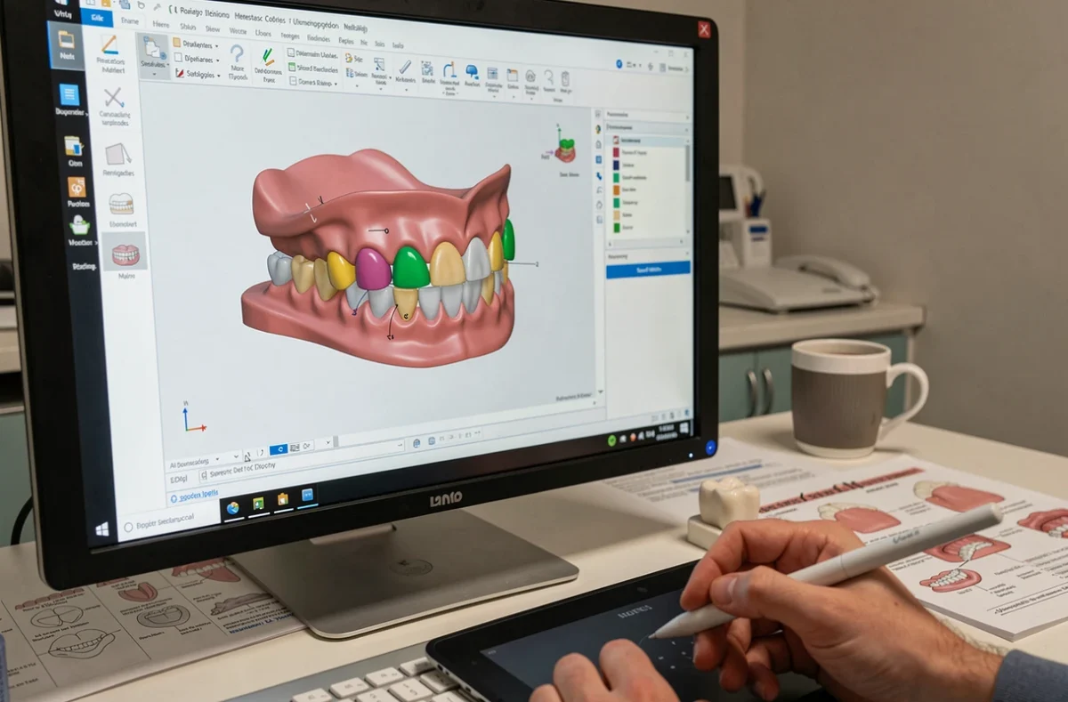 Interface logiciel CAD dentaire affichant une arcade numérique 3D pour la conception de couronnes en résine
