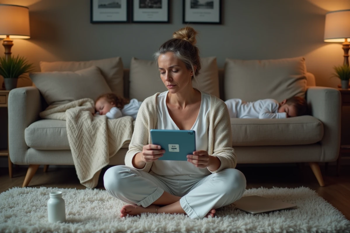 Maman épuisée regardant une tablette avec un bébé endormi à côté