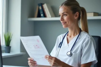 Médecin femme analysant un bilan sanguin avec résultats de TCMH bas dans un cabinet médical