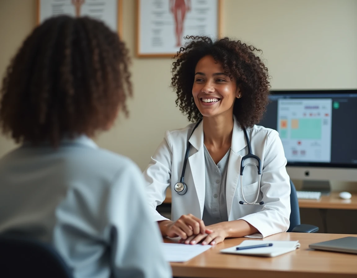 Médecin expliquant à une patiente les résultats d'un bilan hépatique avec une GGT élevée lors d'une consultation
