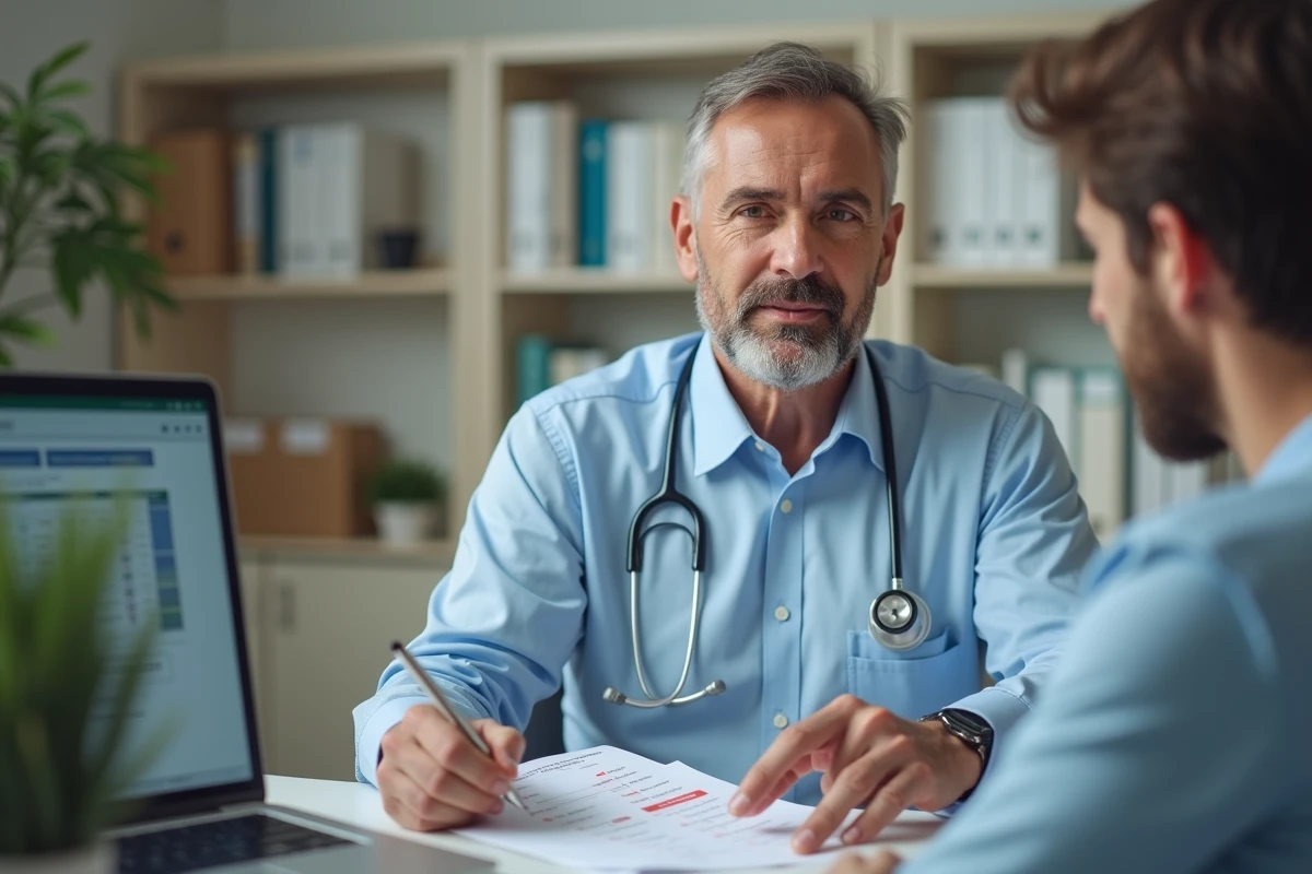 M&eacute;decin g&eacute;n&eacute;raliste expliquant les r&eacute;sultats d'une prise de sang &eacute;lev&eacute;e &agrave; son patient en cabinet m&eacute;dical