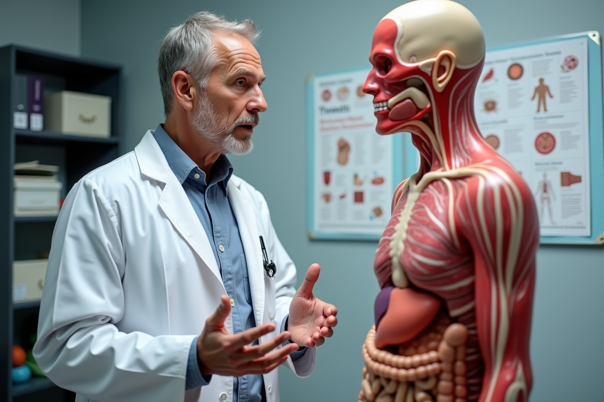 Medecin expliquant le systeme digestif avec modele anatomique