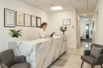 Accueil d'une clinique de chirurgie esthétique moderne dans les Hauts-de-Seine, avec réceptionniste professionnelle