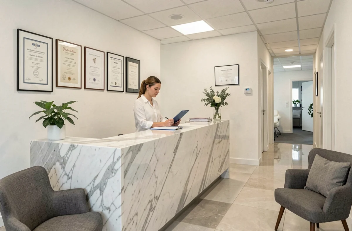 Accueil d'une clinique de chirurgie esthétique moderne dans les Hauts-de-Seine, avec réceptionniste professionnelle