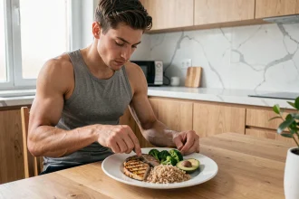 Jeune homme de 70 kg préparant un repas équilibré pour la prise de masse en musculation, avec poulet grillé, riz complet et légumes