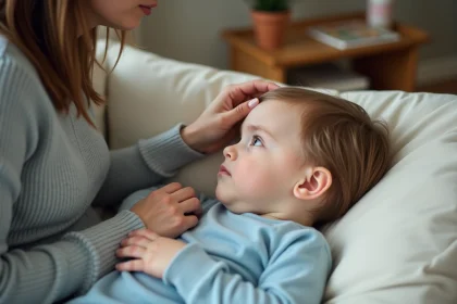 Mère vérifiant la fièvre de son jeune enfant allongé sur un canapé en pyjama bleu