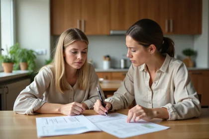 Mère anxieuse et ergothérapeute examinant des documents d'évaluation ensemble avant une première consultation