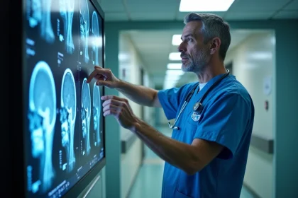 Neurochirurgien examinant une IRM cérébrale sur écran numérique en consultation de neurochirurgie mini-invasive à Tours